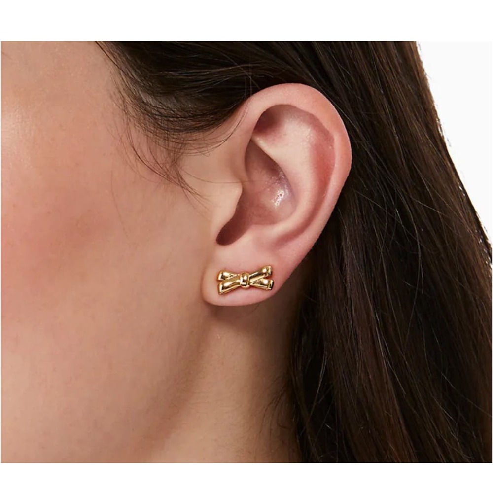 Kate Spade New York Gold Tone Double Bow Titanium Post Earrings NWT